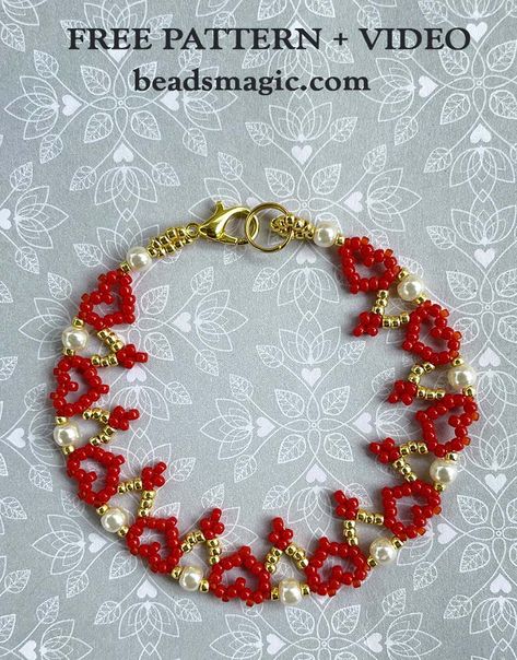 Free pattern + Video for bracelet Red Hearts | Beads Magic Seed Bead Heart, St Valentines Day, Free Beading Tutorials, Beads Magic, Bead Heart, Beautiful Beaded Bracelet, Hobby Ideas, Seed Bead Tutorial, Repurposed Jewelry