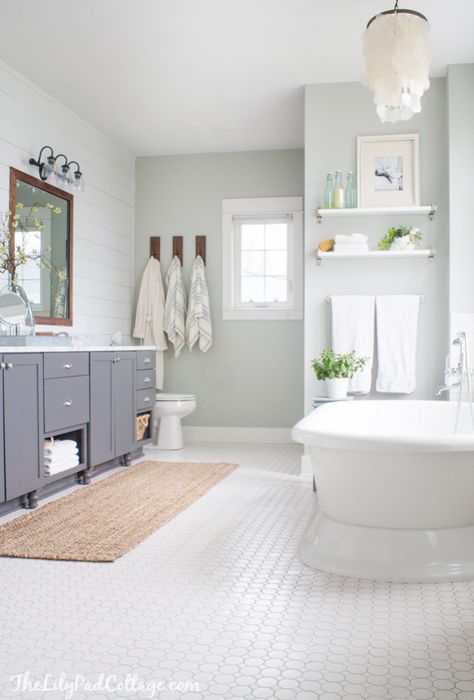 Lake House Master Bath, grey cabinets, white hex floors, planked walls and cool blue paint give this lake house bath a coastal cottage feel. Lake House Master, Fixer Upper Bathroom, Lake House Bathroom, Best Kitchen Design, Floor Makeover, Bath Makeover, Cottage Bathroom, Bathroom Paint Colors, Trendy Bathroom