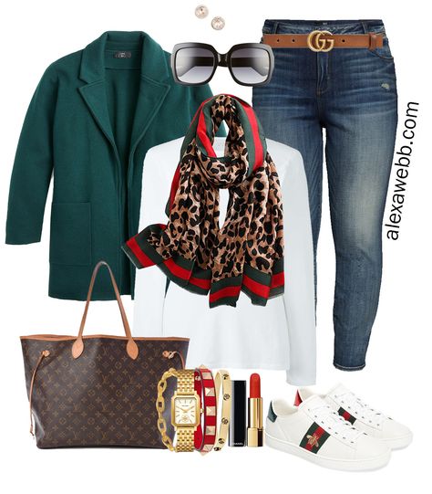 Plus Size Gucci Scarf Outfit Ideas - Jeans, Gucci Belt, Green Blazer, White T-Shirt, Gucci Sneakers - Alexa Webb - Plus Size Fashion for Women - #alexawebb #plussize Gucci Sneakers Outfit Women, Gucci Scarf Outfit, Gucci Outfits Women, Scarf Outfit Ideas, Gucci Sneakers Outfit, Scarf Outfits, Faux Leather Leggings Outfit, 9to5chic Outfits, Alexa Webb