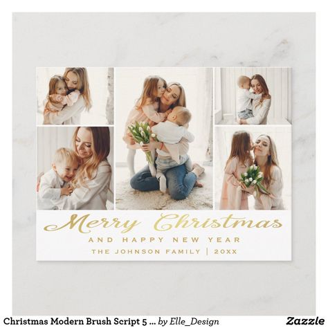 Christmas Modern Brush Script 5 PHOTO Greeting Postcard White Christmas Cards, Christmas Card Elegant, Family Photo Cards, Family Christmas Card, Christmas Pine Cones, Simple Christmas Cards, Newlywed Christmas, Christmas Mini Sessions, Holiday Photography