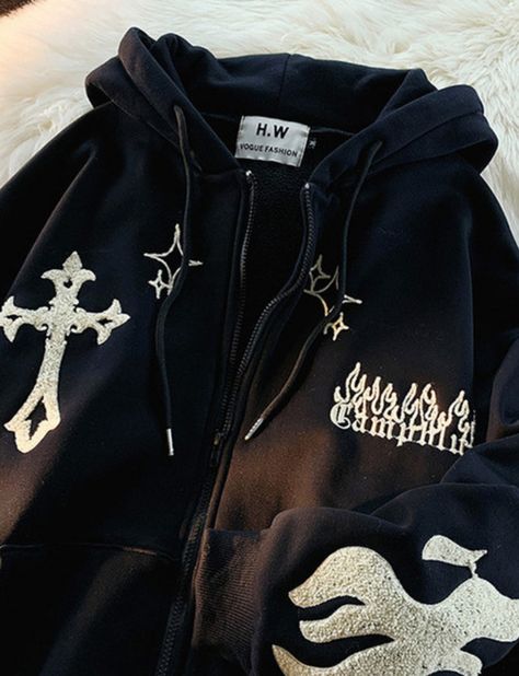 Embroidery Hoodies, Cross Hoodie, Goth Streetwear, Streetwear Jackets, Outwear Fashion, Gothic Cross, Embroidery Hoodie, Y2k Hoodie, Ear Jacket