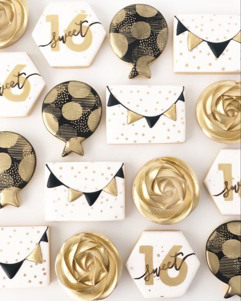 Golden Birthday Cookies Decorated, Black And Gold Birthday Cookies, Golden Birthday Cookies, Gold Birthday Cookies, Nye Cookies, 65 Birthday, Golden Bday, Golden Cookie, Confetti Cookies