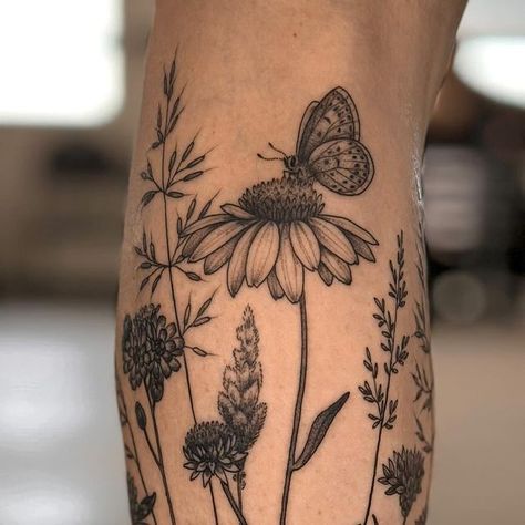 Women Arm Tattoo Sleeve Classy, Bumble Bee Half Sleeve Tattoo, Bees And Wildflowers Tattoo, Wild Clover Tattoo, Mother Of Earth Tattoo, Masculine Botanical Tattoo, Women’s Nature Tattoos, Wild Flower Field Tattoo, Animal Track Tattoos