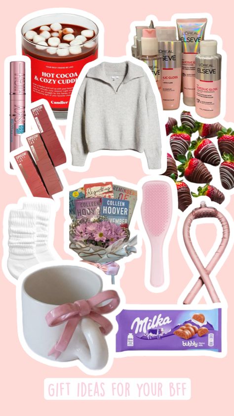 gift for Christmas / gift for birthday / gift for name day / bestie / bff / bestfriend / girl / girlie products / girlie / gift for girl/ hair care / makeup products / Maybelline / books / book bouquet / chocolate / aesthetic / aesthetic gifts / candle / sock / mug / coffee / Christmas / bow / pink / pink bow / pink products / tangle teezer / lipstick / maybelline lipstick / sweater / girly sweater / grey sweater / warm sweater / fall sweater / milka / milka chocolate / heatless curler Gift Ideas For Your Bestie, Girly Sweater, Book Bouquet, Bouquet Chocolate, Heatless Curler, Chocolate Aesthetic, Milka Chocolate, Heatless Curlers, Aesthetic Gifts