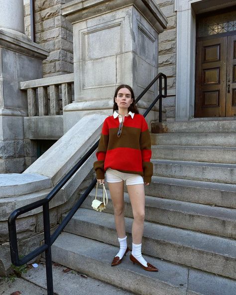 An item I will always and forever have in my wardrobe is a good chunky sweater. It will never let you down and it can be styled so many… | Instagram Reese Blutstein, Rugby Sweater, Kitten Heel Shoes, Knitwear Design, Chunky Sweater, Rugby Shirt, Cool Socks, Shirt Outfit, Rugby