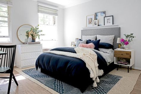 See how west elm Home Stylist Brendan Nash redecorated this calm and cosy bedroom. Navy Bedrooms, Navy Blue Bedrooms, Grey Headboard, Cosy Bedroom, Decor Eclectic, Decor Ikea, Trendy Bedroom, Gray Bedroom, Blue Bedroom