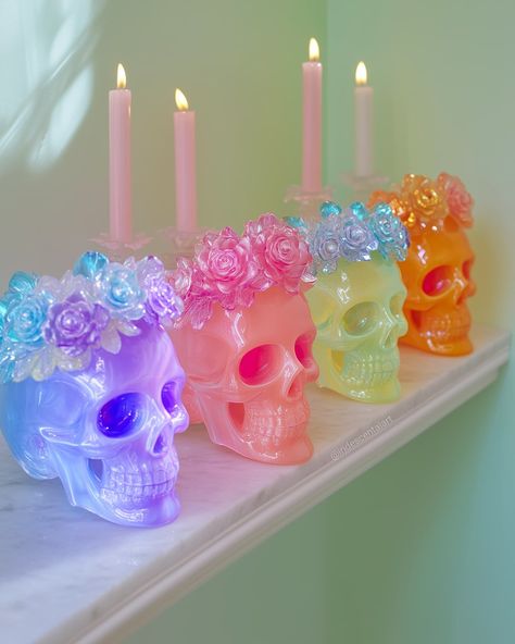 Iridescent Glossy Skulls for Spooky Season 💀✨. I am obsessed with how this series turned out and I think these deserve a 2nd set. 🩷🩷🩷✨✨✨ #Halloween #Skulls #HalloweenDecor #Spooky #Iridescent #IridescentArt Pastel Halloween Decor, Aesthetic 2025, Halloween Skulls, Pastel Halloween, 70s Disco, Spooky Season, Halloween Decor, Wedding Inspo, Bright Colors