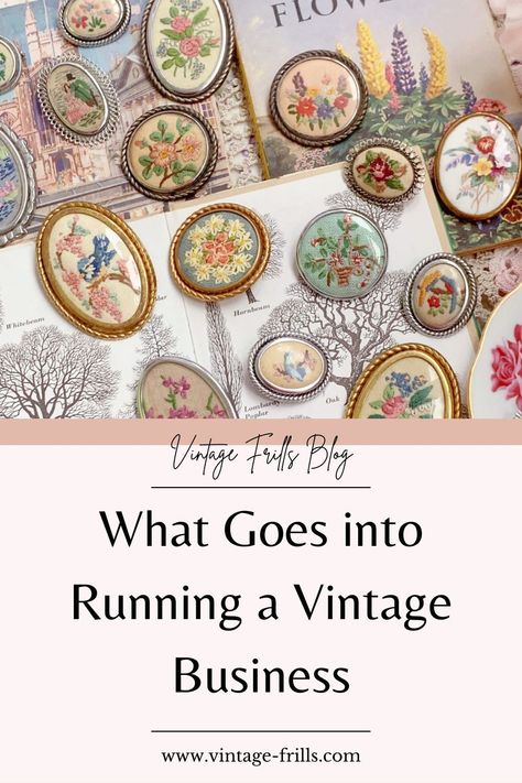 What Goes into Running a Vintage Business | Vintage Frills How to run a vintage business Vintage selling tips How to sell vintage online Online vintage seller tips Vintage side hustle Vintage selling online Behind the scenes as a vintage seller Cheap Vintage Business Bags, Vintage Business Pouch Bag, Vintage Engraved Jewelry For Business, Vintage Names Business, Vintage Market Business, Vintage Selling, Seller Tips, Vintage Business, Selling Tips