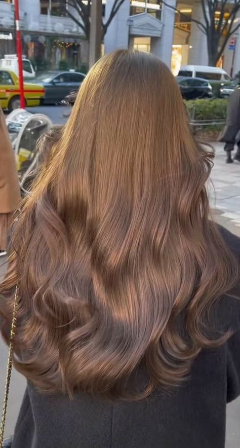 Honey Brown Hair Aesthetic, Milk Tea Brown Hair On Tan Skin, Rich Honey Brown Hair, Milk Tea Brown Hair Asian, Long Honey Brown Hair, Khaki Brown Hair, Honey Beige Hair, Warm Medium Brown Hair, Light Wavy Hair