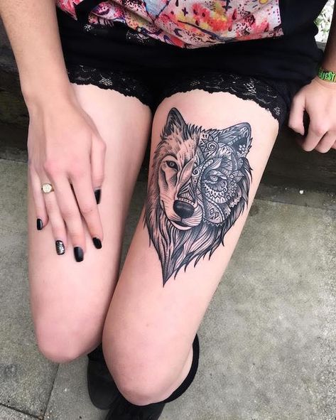 90+ Wolf Tattoo Designs | Cuded Mandala Thigh Tattoo, Thigh Tattoo Designs, Tattoo Trend, Wolf Tattoo Design, Disney Tattoo, Geniale Tattoos, Arrow Tattoo, Thigh Tattoos Women, Diy Tattoo