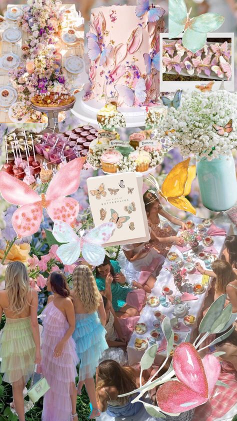 Whimsical Bridal Party, Spring Bachelorette Party, Bridal Shower Themes September, Thirtea Party, Butterfly Party Aesthetic, Bridal Shower Ideas Aesthetic, Romantic Garden Party, Spring Bridal Shower Decor, Pastel Color Bridal Shower Theme