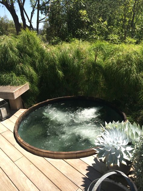 Wooden hot tub set in backyard deck. www.gordonandgrant.com Deck Hot Tub, Wooden Hot Tub, Round Hot Tub, Hot Tub Designs, Cedar Hot Tub, Hot Tub Deck, Hot Tub Garden, Stock Tank Pool, Natural Swimming Pools