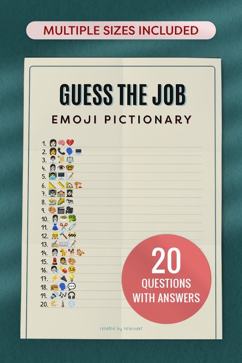 Image of a US Letter size paper with the text: Guess the Job Emoji Pictionary Game, Multiple sizes included, 20 questions with answers Printable Party Games, Emoji Game, Emoji Pictionary, Emoji Games, Ice Breaker, Kids Party Games, Fun Family Activities, Printable Party, Ice Breakers