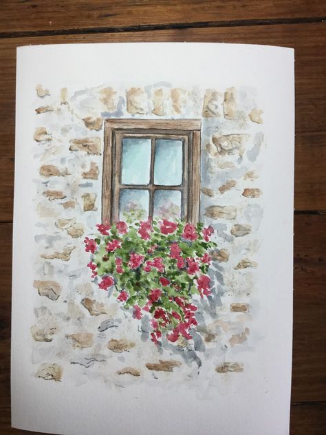 "This watercolor print of a hand painted Geranium Window Box is a perfect addition to any nature lovers home or study. Your order includes one print of this naturally striking work. All orders are shipped promptly, and are carefully packaged to protect the delicacy of your print. Please note that mat and frame are shown for display purposes only and are not included. All prints are 8 1/2 by 11\" on acid free, professional matte photo paper using Chroma Life professional inks. Each print is desig Watercolor Art Window, Creative Watercolor Paintings Ideas, Watercolor Doors Paintings, Watercolor Window With Flowers, Window Watercolor Painting, Watercolor Geraniums, Watercolor Doors, Watercolor Window, Window Watercolor