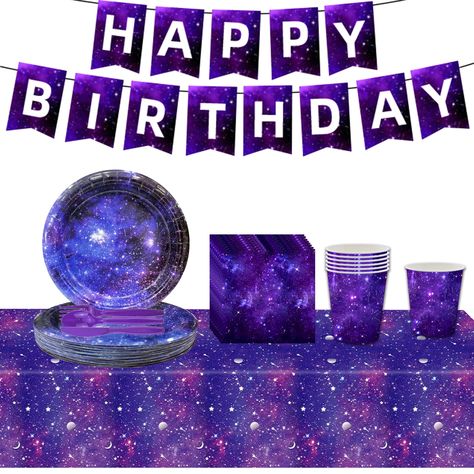 PRICES MAY VARY. Elevate your outer space-themed party with our Galactic Gathering Tableware Set. Sincludes a Happy Birthday banner, 9-inch plates x24, 7-inch plates x24, napkins x24, paper cups x24, disposable tablecloth x1, and cutlery and spoons x24—everything you need for a birthday celebration! Complete Dinnerware Set Serves 24 People: Throwing a birthday party is so easy! Our outer space themed full set serves 24 people, saving you time and energy. Now you can focus on creating memories in Boy Party Decorations, Space Party Decorations, Galaxy Party, Space Theme Party, Outer Space Party, Outer Space Birthday, Space Birthday Party, Space Galaxy, Theme Birthday Party