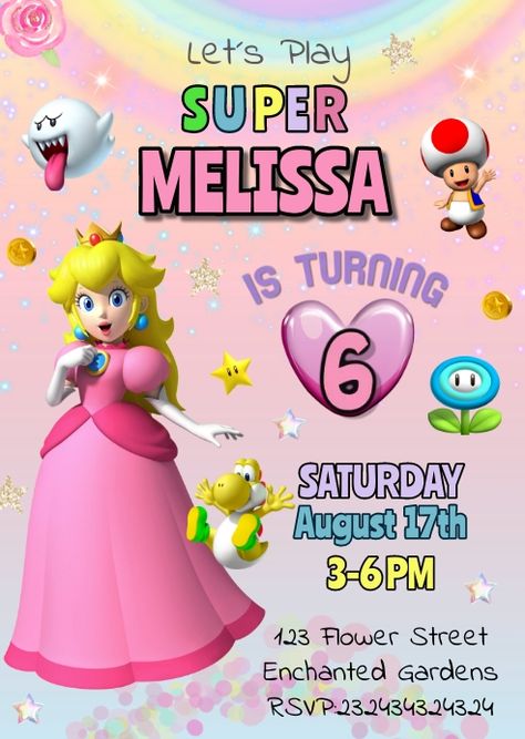 323+ Free Templates for 'Mario brothers' | PosterMyWall Princess Peach Invitations, Princess Peach Mario Kart, Princess Peach Party, Mario Bros Birthday, Mario Bros Party, Peach Party, Princess Birthday Invitations, Princess Invitations, Free Printable Birthday Invitations