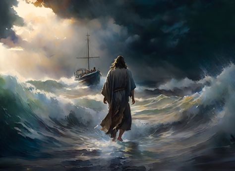 Featuring the miraculous biblical scene of "Jesus Walks on Water." This art piece beautifully captures the essence of divine power, faith, and the profound miracle of Jesus calming the stormy sea. The story of Jesus walking on water is a testament to His divine nature and the unwavering faith that His disciples placed in Him. This art print serves as a meaningful addition to your home decor or a thoughtful gift for those who draw inspiration from the remarkable acts of the Savior. -- Choose from New Testament Art, Jesus And Peter Walking On Water, Jesus Walking On Water Tattoo, Jesus Walking On Water Painting, Jesus Pictures Powerful, Walking On Water Art, Bible Story Art, Jesus And Disciples, Jesus Calming The Storm