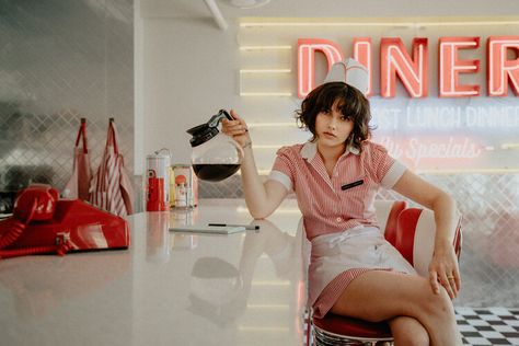 Diner Editorial, Diner Photoshoot, Retro Shoot, Mango Street, Waitress Outfit, Diner Aesthetic, 1950s Diner, Retro Diner, Female Reference