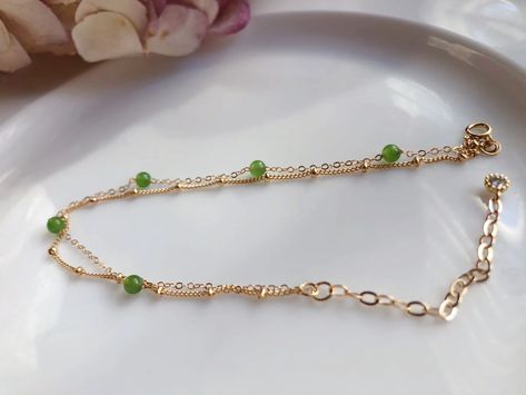 14K Gold Filled Natural Hetian Jade/baroque Pearl Double Chain | Etsy Green Jade Jewelry With Adjustable Chain, Gold Jade Jewelry With Faceted Beads, Elegant Yellow Gold Jade Bracelets, Elegant Yellow Gold Jade Bracelet, Elegant Green Jade Pearl Bracelet, Hetian Jade, Freshwater Pearl Bracelet, Double Chain, Protection Bracelet