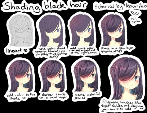 shading black hair by kouriiko.deviantart.com on @DeviantArt Shade Reference, Fondant People, Hair Colouring, Drawing Hair Tutorial, Draw Hair, Manga Hair, Artist Tips, Drawing Hair, Anime Tutorial