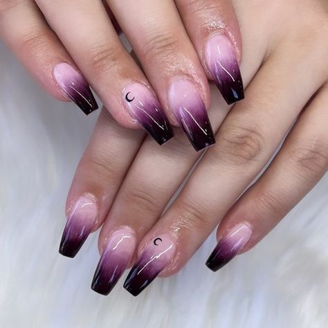 Black And Purple Ombre With Tiny Moon Ombre Witch Nails, Dark Purple Gradient Nails, Pink And Black Nail Inspo Acrylic, Purple Ombre Halloween Nails, Red Purple Ombre Nails, Black And Purple Ombre Nails Almond, Red Black And Purple Nails, Black To Purple Nails, Black And Purple Ombre Acrylic Nails