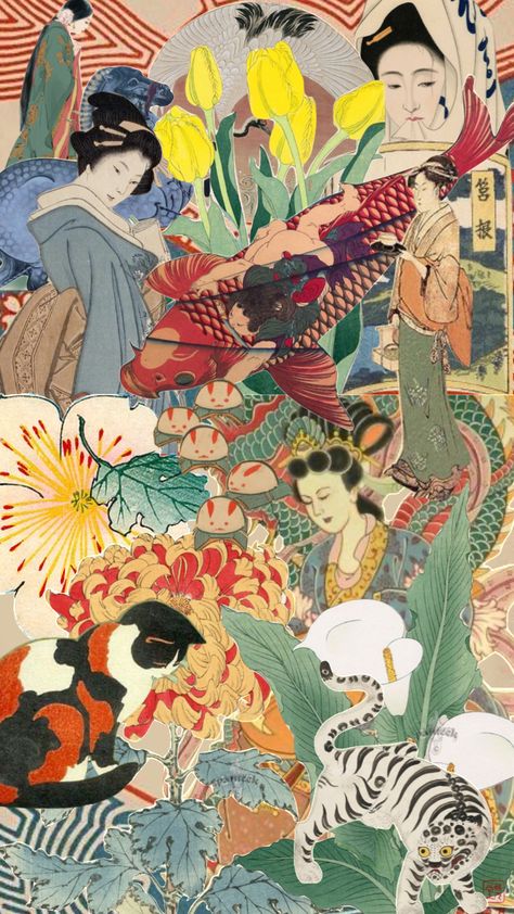 Japanese Mood Board Aesthetic, Chinese Collage Art, Japanese Moodboard Aesthetic, Japan Collage Aesthetic, Japanese Mood Board, Flea Market Illustration, Asian Collage, Japan Collage, Japanese Collage