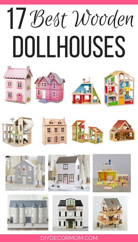 Wooden Dollhouses: Every mom looks forward to the day their kids get their first wooden dollhouse. Santa brought our kids their wooden dollhouse last year, when my daughter was three and a half and my son was one and a half. A year later, and they are still playing with it just as much! And ... Read More about 17 Best Wooden Dollhouses In Every Price Range and Style Toddler Dollhouse, Wood Doll House, Wooden Dollhouse Kits, Toddler Girl Toys, Girls Dollhouse, Build A Playhouse, Wood Doll, Cool Toys For Girls, Reborn Toddler Dolls