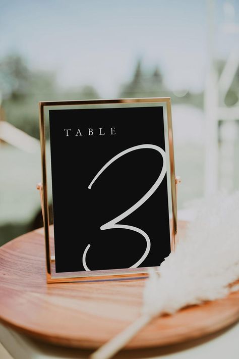 Black Gold And White Wedding Decorations, Minimalist Table Numbers Wedding, Minimalist Table Decor, Black Table Numbers, Wedding Decor Black, Black Wedding Table, Numbers Template, Black And White Wedding Theme, Wedding Table Numbers Template