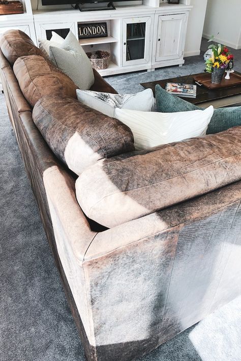 Rustic Couches Living Room, Comfy Leather Couch, Farmhouse Leather Sofa, Leather Sofa Farmhouse, Restoration Hardware Leather Couch, Distressed Leather Couch, Kid Friendly Couch, Rustic Leather Sofa, Leather Sectional Living Room