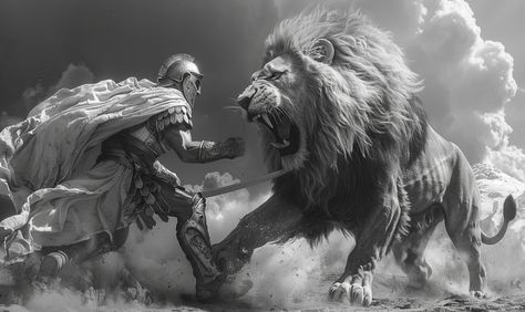 Realistic Gladiator Fighting a Lion Scene Inspirational Digital Art, Photography Movies, Chest Tattoo Men, Lion Tattoo, A Lion, Lion Head, Chest Tattoo, Jesus Cristo, Colorful Paintings