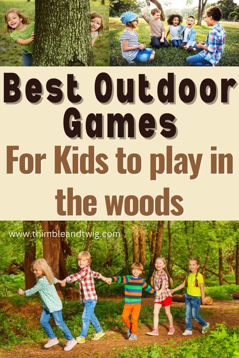 Kids Playing in the Woods Outdoor Kids Party, Team Games For Kids, Nature Based Preschool, Nature Games, Outdoor Learning Activities, Summer Camp Games, Forest School Activities, Outside Games, Fun Outdoor Games