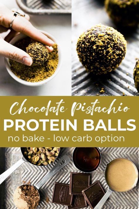 This protein ball recipe makes paleo and vegan friendly dark chocolate energy bites with pistachios. They're a crunchy, lightly sweet, delicious NO BAKE snack! These little chocolate balls are naturally sweetened and full of healthy fats. With a low carb and keto option, so that everyone can enjoy these tasty treats! #nobake #chocolate #keto #snack Chocolate Energy Bites, Chocolate Protein Balls, Protein Balls Healthy, Protein Balls Recipes, Chocolate Pistachio, Chocolate Balls, Protein Cake, Healthy Eating Breakfast, Chocolate Bites