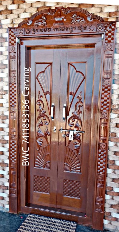 Wooden Main Door Design Double, Indian Main Door Designs, Single Main Door Designs, Main Door Design Photos, Pooja Door, Wood Front Entry Doors, Windows Design, Door And Window Design, Compound Wall Design