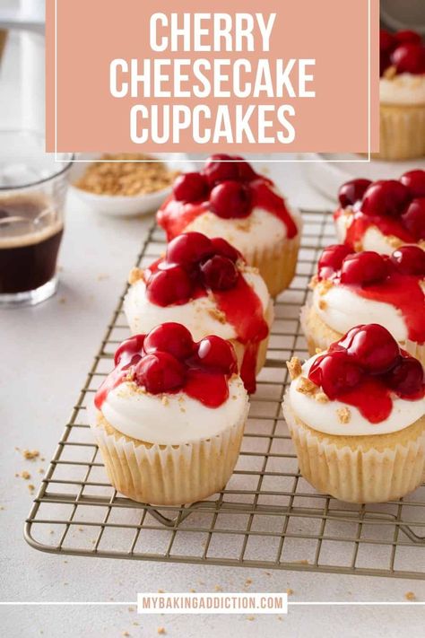 Cherry Cheesecake Cupcakes, Cherry Cupcakes Recipes, Boozy Cupcakes Recipes, Bake Sale Desserts, Vanilla Cheesecake Recipes, Cheesecake Cupcakes Recipe, Cherry Cupcakes, Homemade Cupcakes, Cupcake Cake Designs