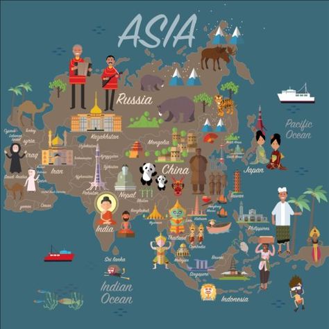 Asia map with infographic vector Asian Maps, Mocha Girls, Map Of Asia, Maps Aesthetic, Cartoon Map, Asia Continent, Asian Continent, Asia Map, Maps For Kids