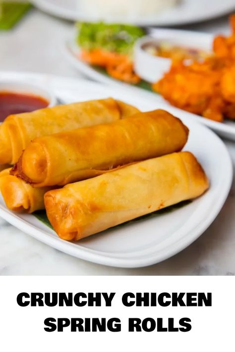 Crunchy chicken spring rolls on a white plate with dipping sauce. Spring Rolls Skin Recipes, Spring Roll Filling Ideas, Chicken Spring Roll Recipe, Chicken Spring Roll, Spring Roll Filling, Minced Chicken Recipes, Crunchy Chicken, Chicken Spring Rolls, Chinese Egg