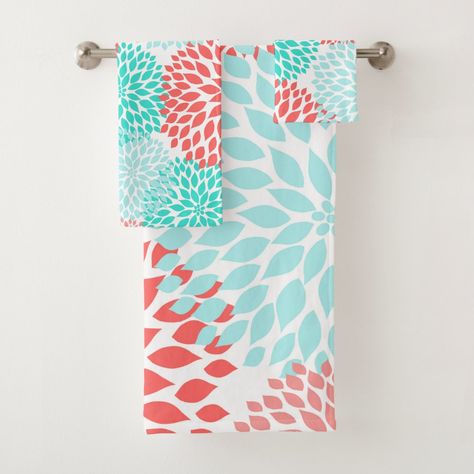 Coral Teal Aqua dahlia floral bath decor Bath Towel Set - teal bathroom accessories Aqua Blue Bathroom, Teal Bathroom Accessories, Coral Bathroom, Teal Bathroom, Coral Aqua, Floral Bath, Bathroom Themes, Custom Towel, Girls Bathroom