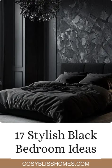 Transform your space with chic and modern black bedroom decor! Explore these 17 stunning ideas that use the sophistication of black to turn your bedroom into a stylish haven. From elegant black walls and cozy furnishings to eye-catching accents, there’s something here for everyone looking to give their bedroom a trendy makeover. Don't shy away from using black; instead, let it inspire your creativity and create that perfect modern retreat that reflects your taste. Ready to discover your new favorite look? Elegant Black Bedroom Ideas, Gray And Black Room Ideas Bedroom, Black Wall Bedroom Decor, All Black Bedroom Ideas, Black And Grey Bedroom Ideas, Black Bedroom Decor Ideas, All Black Bedroom, Black Room Ideas, Black Bedroom Aesthetic