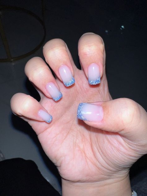 Blue glitter french tips Light Blue Sparkly French Tip Nails, Light Blue Glitter French Tip Nails, Sparkly Blue French Tip Nails, Blue Glitter French Tip Nails, Baby Blue French Tips, Sparkly French Tip Nails, Sparkly French Tips, Glitter French Tips, Blue French Tips