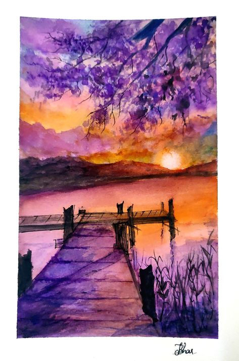 Sunset watercolour painting Water Colour Sunset Painting, Watercolour Scenery Painting, Watercolour Scenery, Watercolour Sunset, Watercolor Scenery Painting, Angel Sketch, Watercolor Scenery, Bridge Painting, Friend Painting