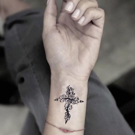 Pretty Cross Tattoo, Tattoo Lion, Cross Tattoos For Women, Saved Tattoo, Faith Tattoo, Cross Tattoos, Custom Temporary Tattoos, Best Tattoos For Women, Flower Cross