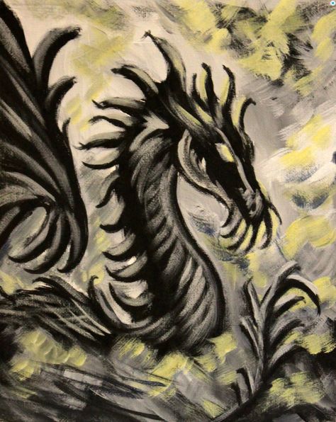 Dragon Painting Easy, Dragon Painting Acrylic Easy, Fantasy Acrylic Painting, Painting Canvas Easy, Dragon Paintings, Dragon Painting, Mythical Beasts, Monochromatic Art, Black Canvas Paintings