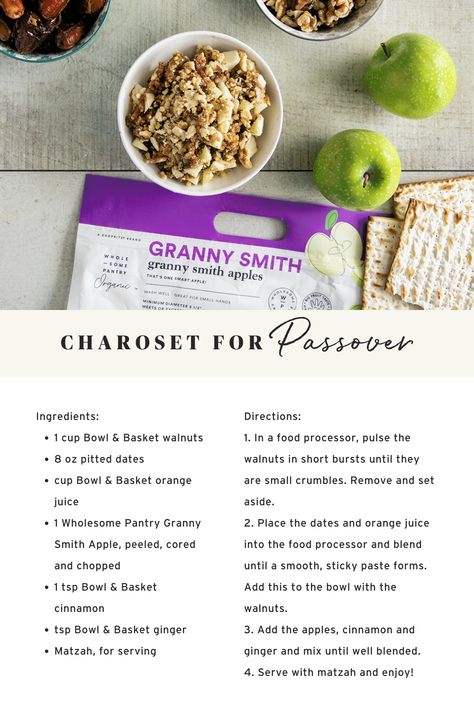 A sweet combination of apples, nuts, cinnamon, and dates, pair this quick and easy charoset recipe with your favorite matzah and enjoy! 🍏 #WholesomePantry #FoodSetFree #keepitkosher #passover #kosher #charoset #recipe Vegan Passover, Charoset Recipe, Passover Dinner, Kosher Food, Jewish Food, Kosher Recipes, Jewish Recipes, Granny Smith Apples, Granny Smith