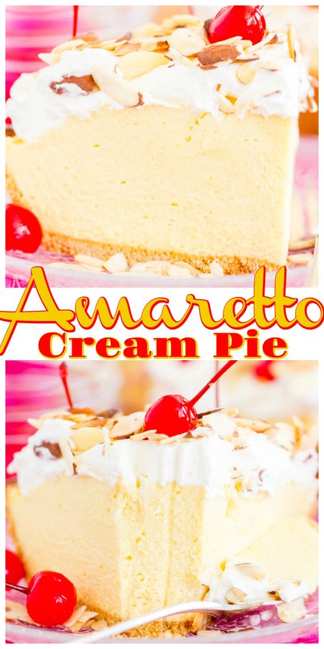 Amaretto Pie Recipe, Amaretto Cream Pie, Holiday Cream Pie, Almond Cream Pie, No Bake Cream Pie Recipes, Cream Pies No Bake, Amaretto Desserts, Amaretto Pie, No Bake Pie Recipes