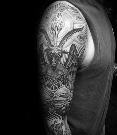 Full Sleeve Baphomet Themed Tattoo For Gentlemen Goat Tattoos, Baphomet Tattoo, Spiritual Satanism, Geometric Tattoo Arm, Samoan Tattoo, Tattoo Graphic, Japanese Sleeve Tattoos, Tattoo Designs For Men, Dark Ink