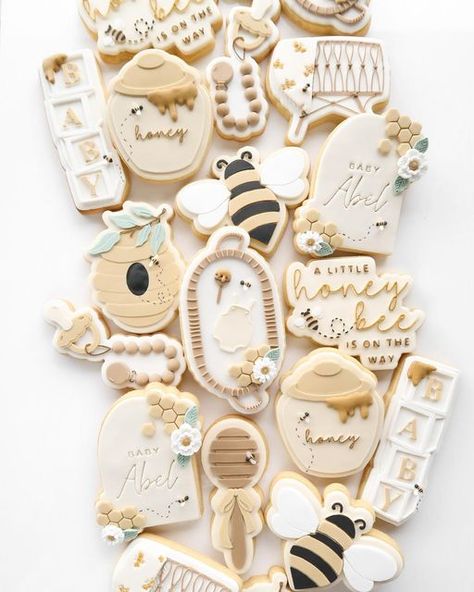 Bee Theme Cookies, Honey Baby Shower Theme, Bee Baby Shower Cookies, Bumble Bee Cookies, Honey Bee Baby Shower Theme, Sweet As Can Bee, Bee Cookies, Honey Bee Baby Shower, Bee Theme Party