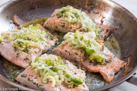 Salmon Leeks Recipe, Sautéed Leeks, Keto Pescatarian, Roast Salmon, Leeks Recipe, Lower Carb Meals, Leek Recipes, Recipe Cover, Shellfish Recipes