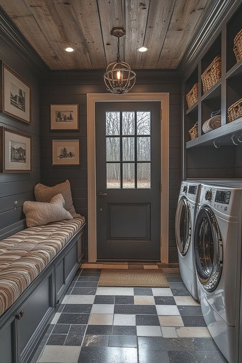 Simplify your laundry tasks with these fresh and innovative mudroom laundry room solutions! #MudRoomLaundryRoomCombo #MudroomRemodel #DreamLaundryRoom Laundry Mudroom Combo Layout, Farmhouse Mudroom Laundry Room Ideas, Laundry Room Ideas Dark, Laundry Room In Garage Makeover, Dark Mudroom, Farmhouse Utility Room, Laundry Mud Room Ideas, Elegant Mudroom, Mudroom And Laundry Room Combo