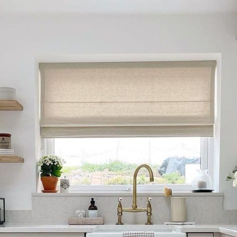 Kitchen Blinds Modern, Curtain Sheers, Sheer Roman Blinds, White Faux Wood Blinds, House Moodboard, Beautiful Blinds, Kitchen Colour, Room Hanging Lights, Above The Sink