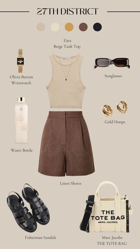 Minimalist Shorts Outfit, Beige Tops Outfit, Shopping Day Outfit Summer Casual, Pleated Shorts Outfit Summer, Work Outfit With Shorts, Brown Tailored Shorts Outfit, Tailored Summer Outfits, Tailored Shorts Outfit Summer, Business Shorts Outfit